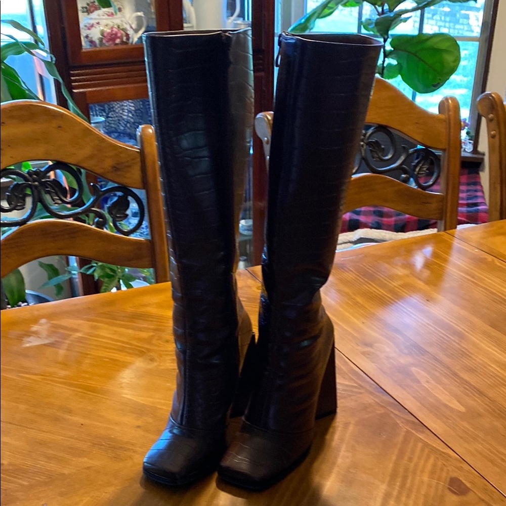 Tall chocolate brown, Croc-Texture Knee Boot with Sculpted Block Heel.